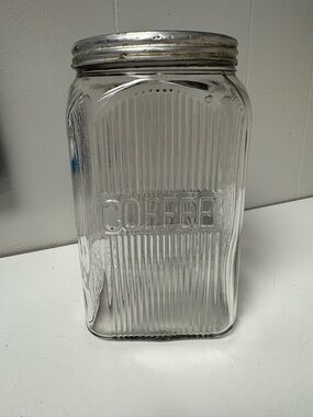 Antique Square Glass Ribbed Hoosier COFFEE Jar with Metal lid